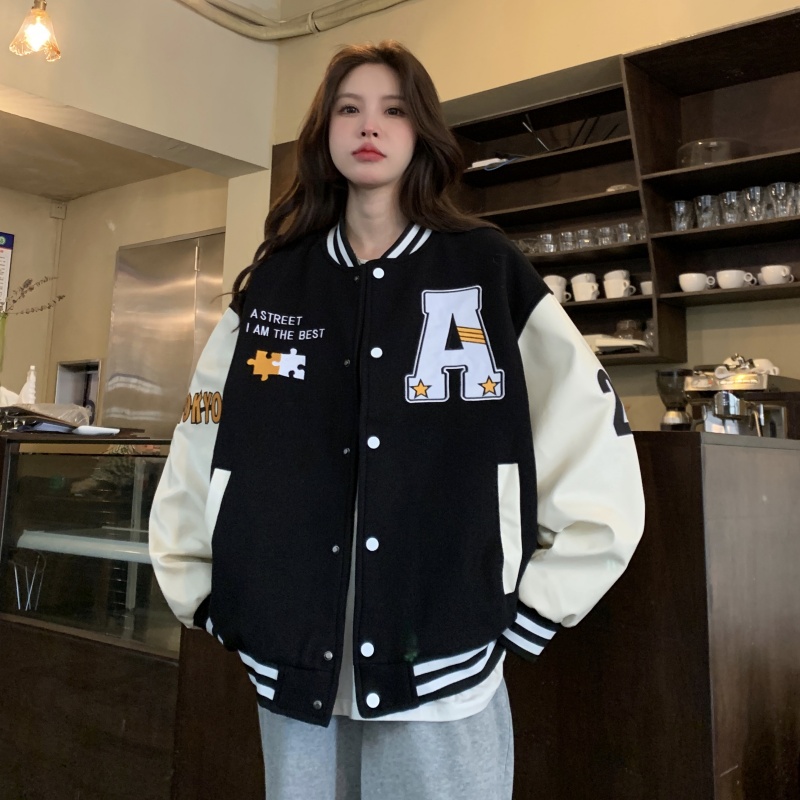 Women's Loose Baseball Jacket - Casual Spring Coat, Versatile Top for Students, Trendy Streetwear Style Women's Loose Baseball Jacket - Casual Spring Coat, Versatile Top for Students, Trendy Streetwear Style