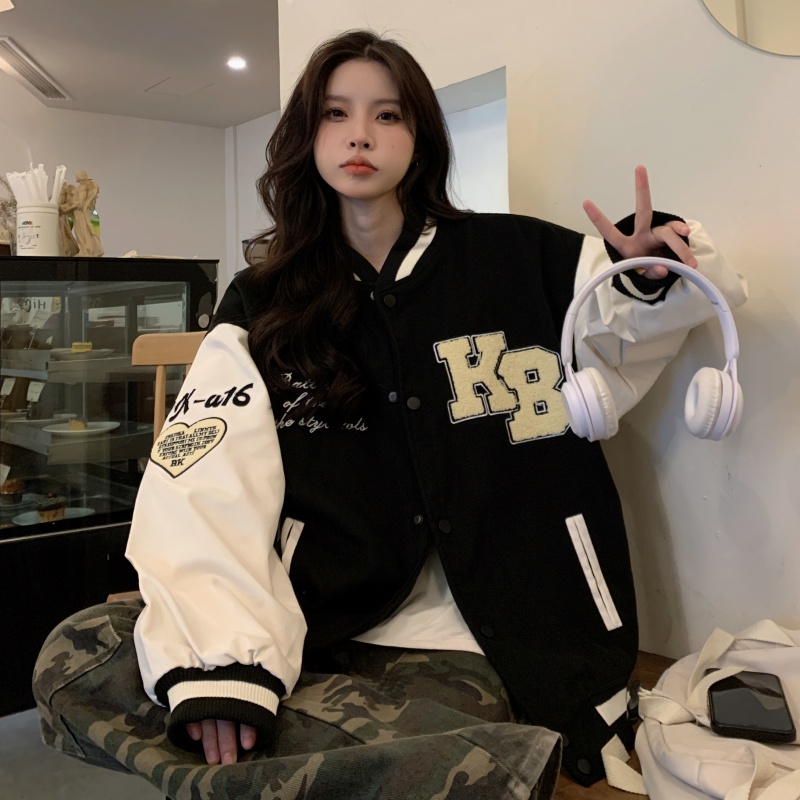 Women's Loose Baseball Jacket - Casual Spring Coat, Versatile Top for Students, Trendy Streetwear Style Women's Loose Baseball Jacket - Casual Spring Coat, Versatile Top for Students, Trendy Streetwear Style