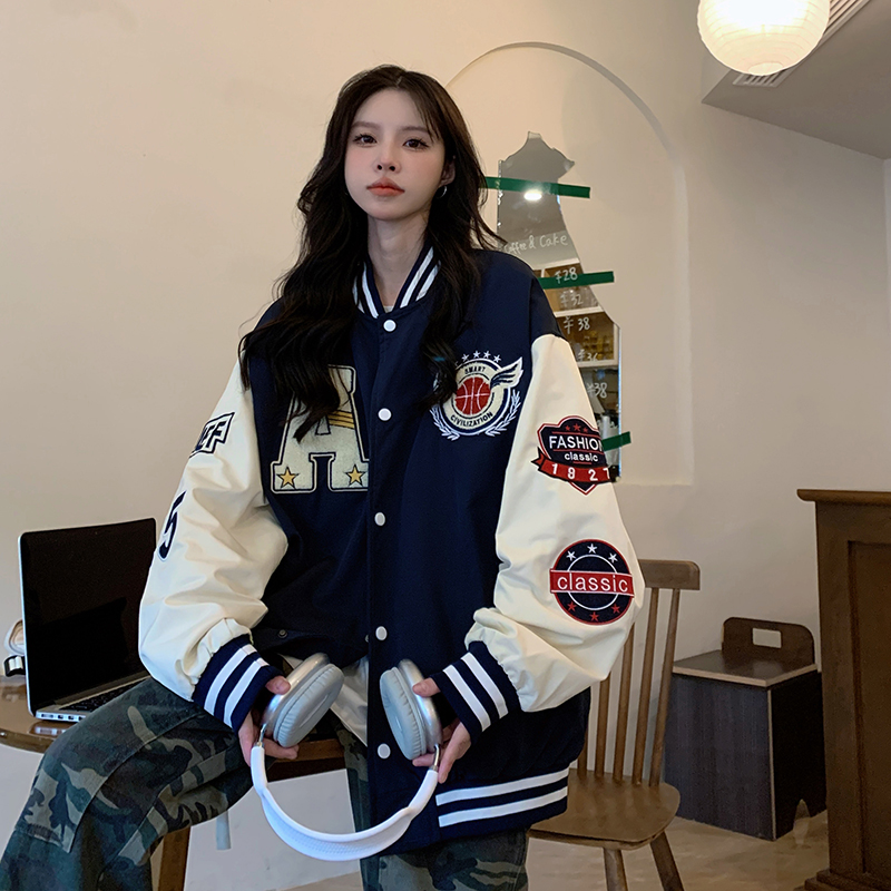 Women's Loose Baseball Jacket - Casual Spring Coat, Versatile Top for Students, Trendy Streetwear Style Women's Loose Baseball Jacket - Casual Spring Coat, Versatile Top for Students, Trendy Streetwear Style