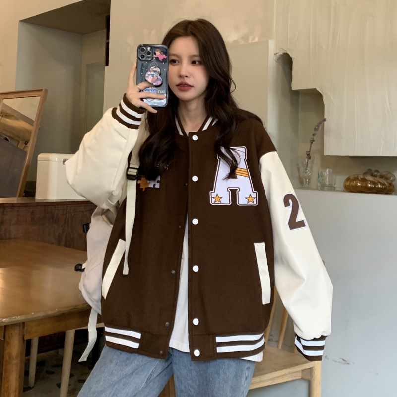 Women's Loose Baseball Jacket - Casual Spring Coat, Versatile Top for Students, Trendy Streetwear Style Women's Loose Baseball Jacket - Casual Spring Coat, Versatile Top for Students, Trendy Streetwear Style