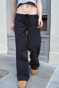 Women's Low Waist Elastic Drawstring Loose Long Pants - Deep Blue Draped Wide Leg Casual Street Style