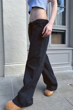 Women's Low Waist Elastic Drawstring Loose Long Pants - Deep Blue Draped Wide Leg Casual Street Style