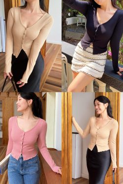 Women’s Pink French Knit Cardigan - Long Sleeve, Slim Fit, Versatile Style for Autumn 2024, Cozy 90s-Inspired Fashion