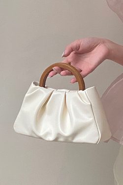Women's Pleated Cloud Bag with Wooden Handle - Spring Summer Chinese Style Handheld Crossbody Small Bag
