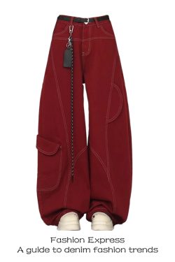 Women's Red Deconstructed Curved Knife Jeans - Loose Floor-Length BF Style for Spring 2025 - Trendy National Style Pants