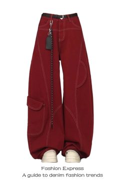 Women's Red Deconstructed Curved Knife Jeans - Loose Floor-Length BF Style for Spring 2025 - Trendy National Style Pants