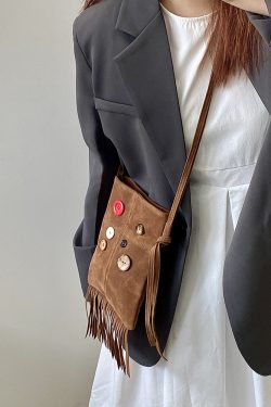 Women's Retro Hippie Button Design Tassel Shoulder Crossbody Bag - Spring Summer 2025 Small Bag for Bohemian Style