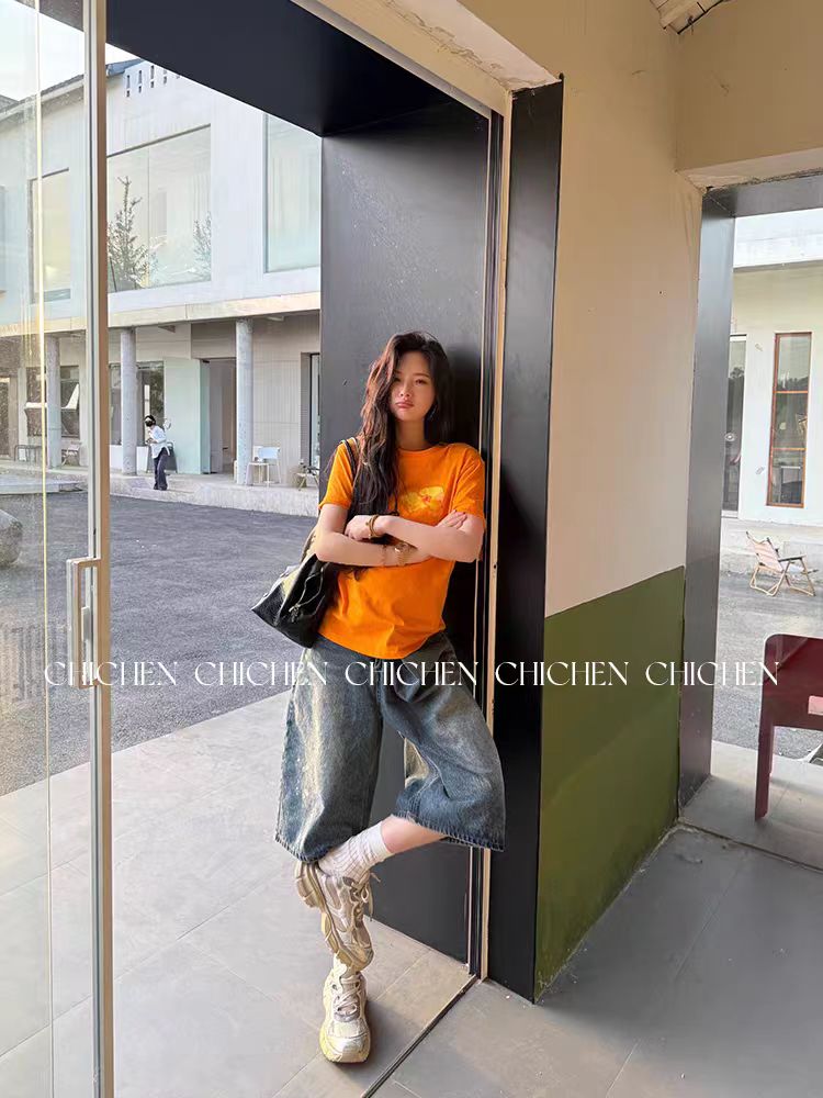 Women's Retro Orange Floral Letter Print Short Sleeve T-Shirt - Summer Slim Fit, Waist-Cinching, Stretchy Y2K Style Women's Retro Orange Floral Letter Print Short Sleeve T-Shirt - Summer Slim Fit, Waist-Cinching, Stretchy Y2K Style