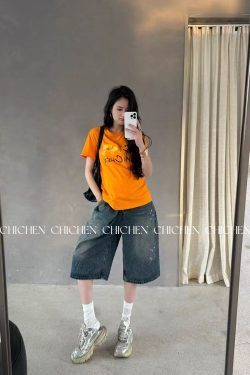 Women's Retro Orange Floral Letter Print Short Sleeve T-Shirt - Summer Slim Fit, Waist-Cinching, Stretchy Y2K Style