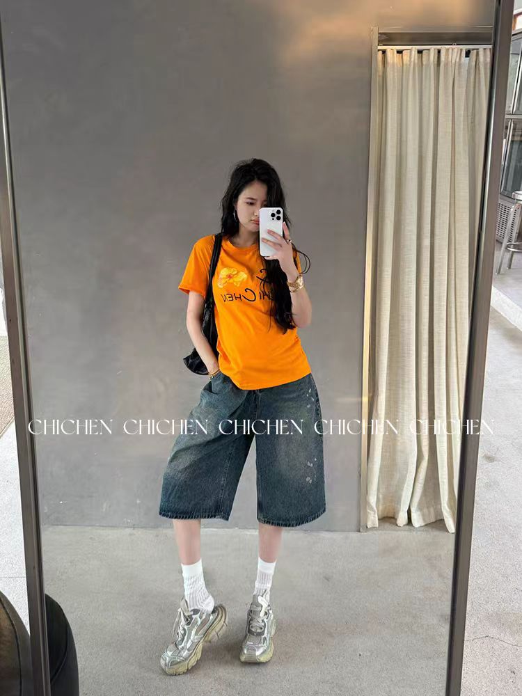 Women's Retro Orange Floral Letter Print Short Sleeve T-Shirt - Summer Slim Fit, Waist-Cinching, Stretchy Y2K Style Women's Retro Orange Floral Letter Print Short Sleeve T-Shirt - Summer Slim Fit, Waist-Cinching, Stretchy Y2K Style