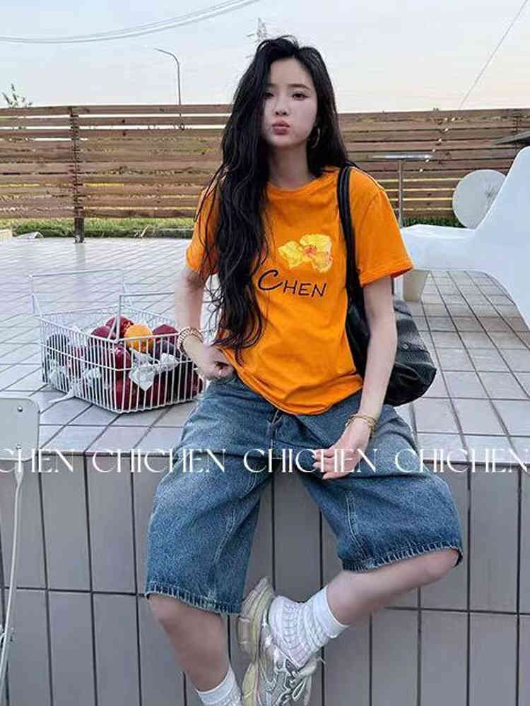 Women's Retro Orange Floral Letter Print Short Sleeve T-Shirt - Summer Slim Fit, Waist-Cinching, Stretchy Y2K Style Women's Retro Orange Floral Letter Print Short Sleeve T-Shirt - Summer Slim Fit, Waist-Cinching, Stretchy Y2K Style