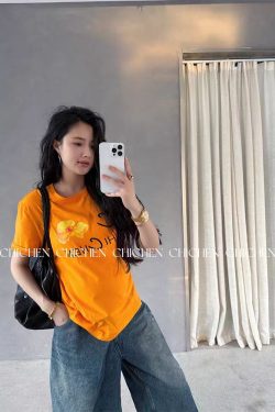 Women's Retro Orange Floral Letter Print Short Sleeve T-Shirt - Summer Slim Fit, Waist-Cinching, Stretchy Y2K Style