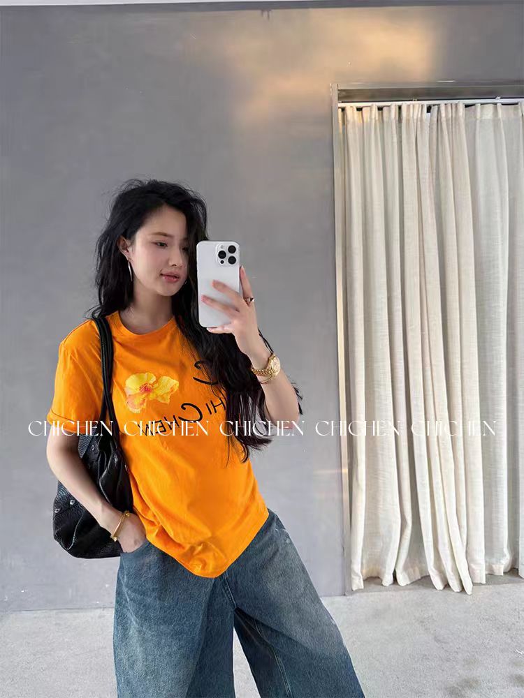 Women's Retro Orange Floral Letter Print Short Sleeve T-Shirt - Summer Slim Fit, Waist-Cinching, Stretchy Y2K Style Women's Retro Orange Floral Letter Print Short Sleeve T-Shirt - Summer Slim Fit, Waist-Cinching, Stretchy Y2K Style