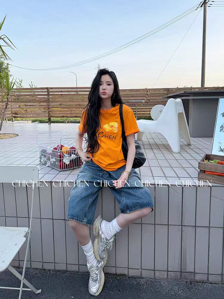 Women's Retro Orange Floral Letter Print Short Sleeve T-Shirt - Summer Slim Fit, Waist-Cinching, Stretchy Y2K Style Women's Retro Orange Floral Letter Print Short Sleeve T-Shirt - Summer Slim Fit, Waist-Cinching, Stretchy Y2K Style