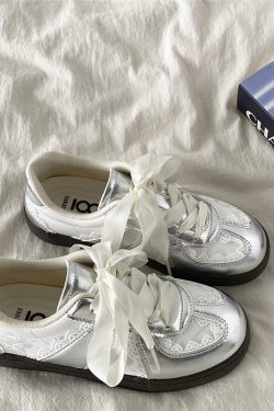 Women's Retro Thick-Soled Sneakers - Silver Lace-Up Design, Breathable White, Spring 2025 Fashion
