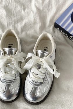 Women's Retro Thick-Soled Sneakers - Silver Lace-Up Design, Breathable White, Spring 2025 Fashion