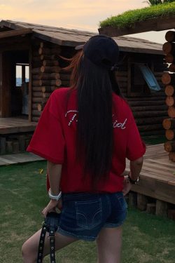 Women's Short Sleeve Bubble Letter T-Shirt - Loose Fit Round Neck Summer Top for Couples, Casual Lazy Style