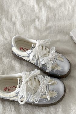 Women's Silver Pearl Ballet Training Shoes - 2025 Spring Thick-Soled White Lace Sneakers Trend for Dance and Casual Wear