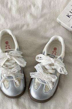 Women's Silver Pearl Ballet Training Shoes - 2025 Spring Thick-Soled White Lace Sneakers Trend for Dance and Casual Wear