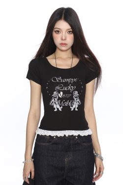 Women's Slim-Fit Cropped Round Neck T-Shirt with Lace Edge - American Style, Short Sleeve, Summer Casual Vibe
