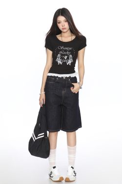 Women's Slim-Fit Cropped Round Neck T-Shirt with Lace Edge - American Style, Short Sleeve, Summer Casual Vibe