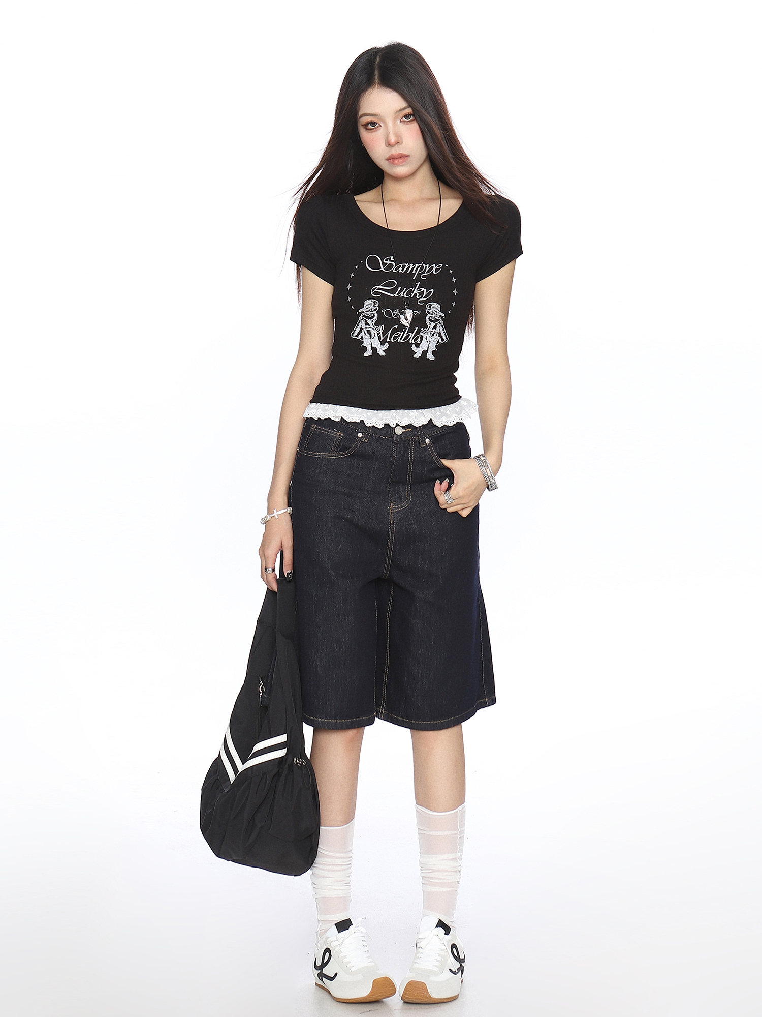 Women's Slim-Fit Cropped Round Neck T-Shirt with Lace Edge - American Style, Short Sleeve, Summer Casual Vibe Women's Slim-Fit Cropped Round Neck T-Shirt with Lace Edge - American Style, Short Sleeve, Summer Casual Vibe