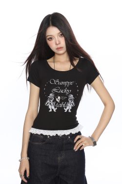 Women's Slim-Fit Cropped Round Neck T-Shirt with Lace Edge - American Style, Short Sleeve, Summer Casual Vibe