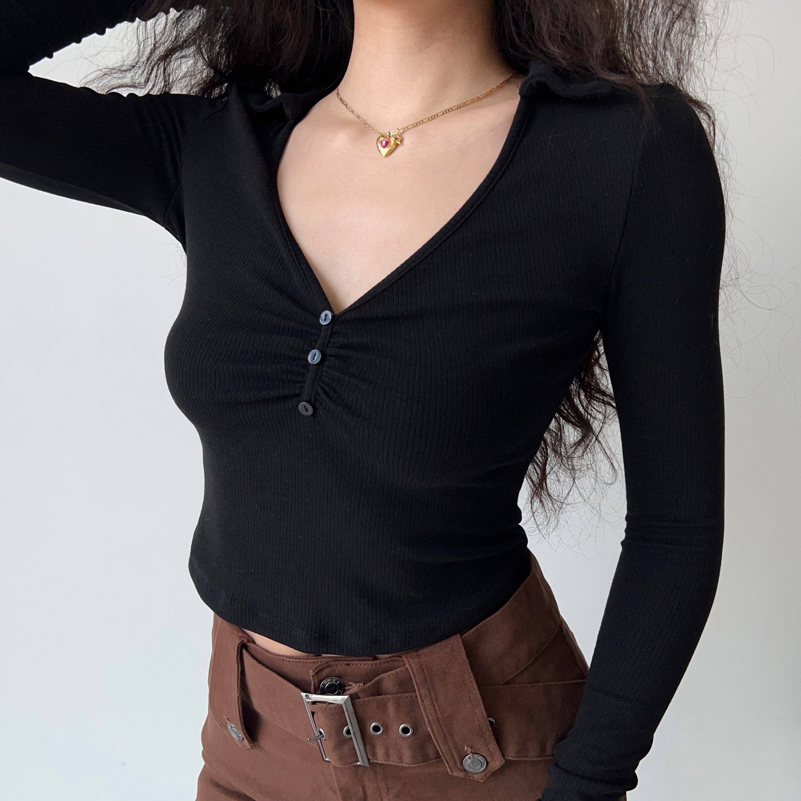 Women’s Slim Fit Pleated Long Sleeve T-shirt - European American Style Deep V-Neck Lapel Top - Trendy Y2K Fashion Women’s Slim Fit Pleated Long Sleeve T-shirt - European American Style Deep V-Neck Lapel Top - Trendy Y2K Fashion