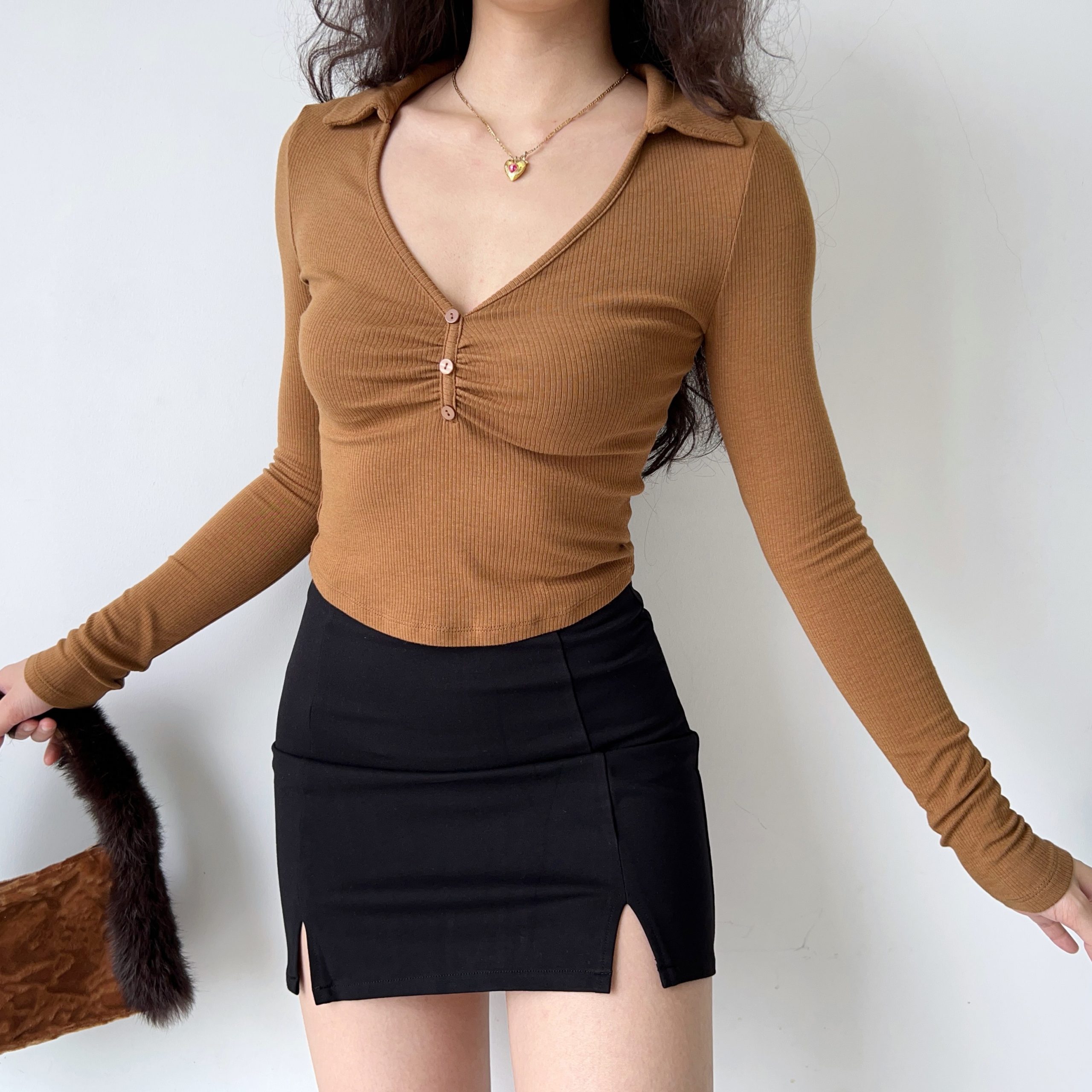 Women’s Slim Fit Pleated Long Sleeve T-shirt - European American Style Deep V-Neck Lapel Top - Trendy Y2K Fashion Women’s Slim Fit Pleated Long Sleeve T-shirt - European American Style Deep V-Neck Lapel Top - Trendy Y2K Fashion