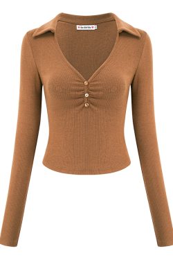Women’s Slim Fit Pleated Long Sleeve T-shirt - European American Style Deep V-Neck Lapel Top - Trendy Y2K Fashion