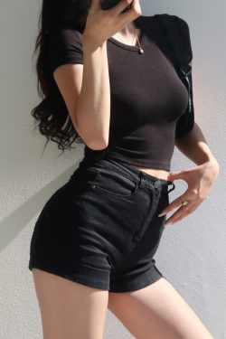 Women's Slim Fit Round Neck Crop T-Shirt - Summer Elastic High Waist Short Sleeve Basic Top - European American Style