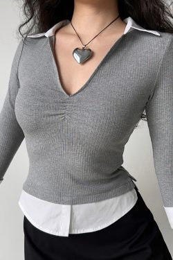 Women’s Slim Fit V-neck Spliced Two-Piece T-shirt with Three-Quarter Sleeves - Flattering Casual Top for Everyday Wear