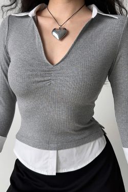 Women’s Slim Fit V-neck Spliced Two-Piece T-shirt with Three-Quarter Sleeves - Flattering Casual Top for Everyday Wear