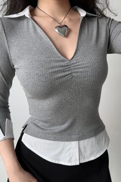 Women’s Slim Fit V-neck Spliced Two-Piece T-shirt with Three-Quarter Sleeves - Flattering Casual Top for Everyday Wear