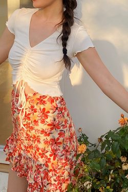 Women's Slim Fit V-Neck T-Shirt with Ruffled Short Sleeves, Drawstring Tie, Sweet & Spicy Summer Style