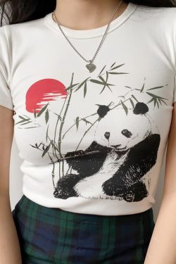 Women's Slim Fit White Short Sleeve T-Shirt with DIY Chinese Painting Panda and Bamboo Sunset Print