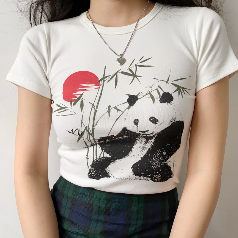 Women's Slim Fit White Short Sleeve T-Shirt with DIY Chinese Painting Panda and Bamboo Sunset Print Women's Slim Fit White Short Sleeve T-Shirt with DIY Chinese Painting Panda and Bamboo Sunset Print