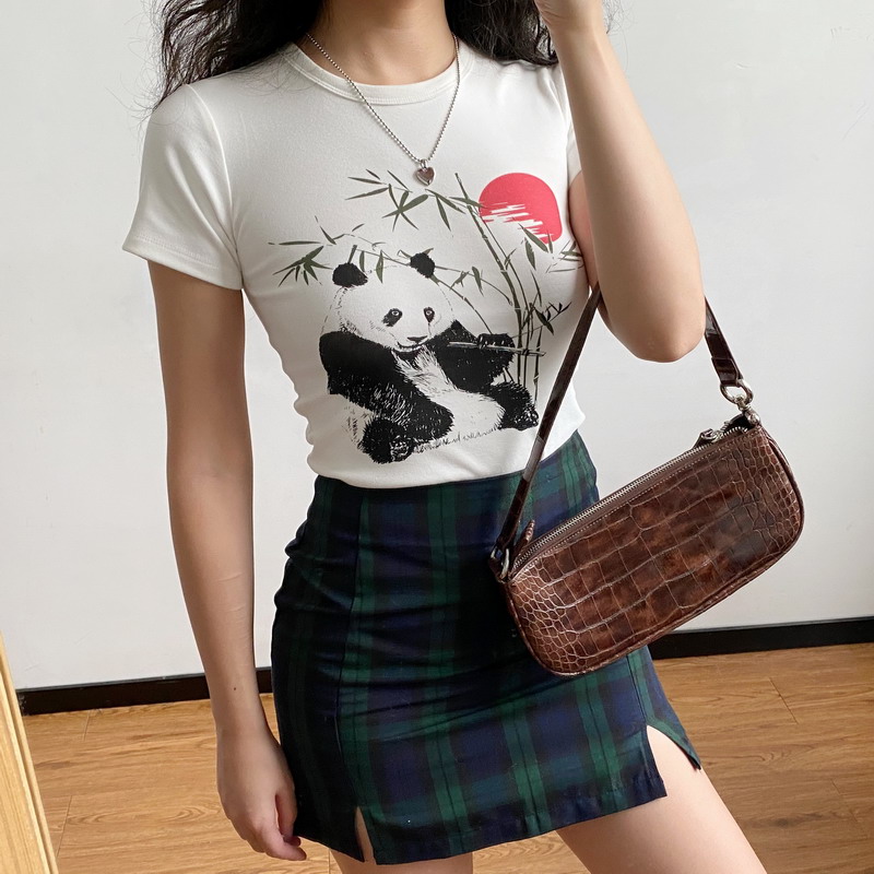 Women's Slim Fit White Short Sleeve T-Shirt with DIY Chinese Painting Panda and Bamboo Sunset Print Women's Slim Fit White Short Sleeve T-Shirt with DIY Chinese Painting Panda and Bamboo Sunset Print