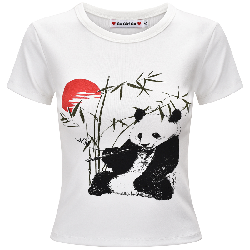 Women's Slim Fit White Short Sleeve T-Shirt with DIY Chinese Painting Panda and Bamboo Sunset Print Women's Slim Fit White Short Sleeve T-Shirt with DIY Chinese Painting Panda and Bamboo Sunset Print