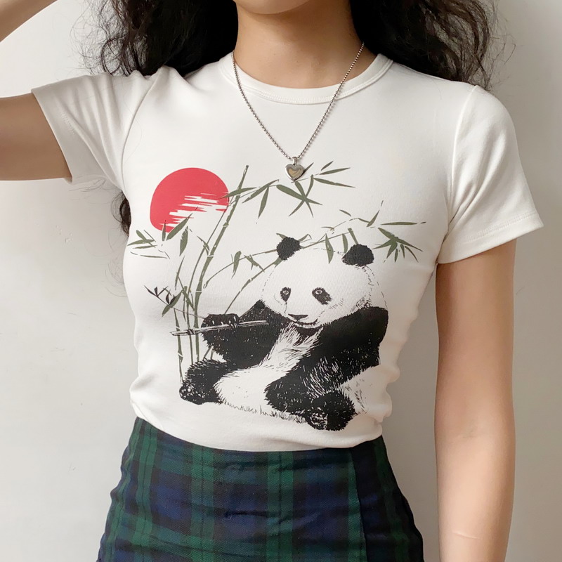 Women's Slim Fit White Short Sleeve T-Shirt with DIY Chinese Painting Panda and Bamboo Sunset Print Women's Slim Fit White Short Sleeve T-Shirt with DIY Chinese Painting Panda and Bamboo Sunset Print