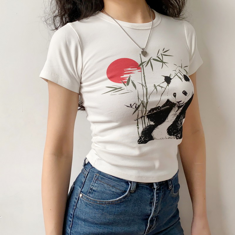 Women's Slim Fit White Short Sleeve T-Shirt with DIY Chinese Painting Panda and Bamboo Sunset Print Women's Slim Fit White Short Sleeve T-Shirt with DIY Chinese Painting Panda and Bamboo Sunset Print