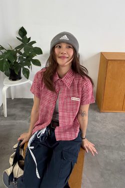 Women's Summer Casual American Plaid Short Sleeve Slim Shirt - Regular Fit, Trendy Design for Effortless Style