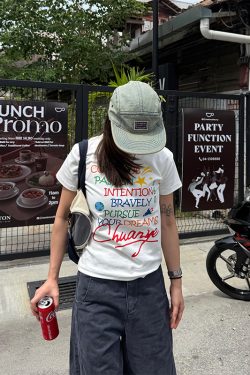 Women's Summer Casual Round Neck Short Sleeve T-Shirt with Letter Print and Shoulder Design - Versatile Y2K Style Top