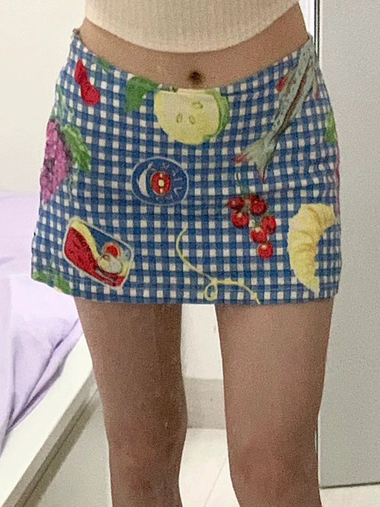 Women's Summer Fun Fruit Picnic Plaid Bodycon Mini Skirt - Low Waist Dopamine Girl Style for Trendy Vibes Women's Summer Fun Fruit Picnic Plaid Bodycon Mini Skirt - Low Waist Dopamine Girl Style for Trendy Vibes