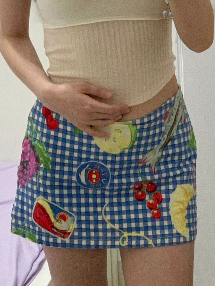 Women's Summer Fun Fruit Picnic Plaid Bodycon Mini Skirt - Low Waist Dopamine Girl Style for Trendy Vibes Women's Summer Fun Fruit Picnic Plaid Bodycon Mini Skirt - Low Waist Dopamine Girl Style for Trendy Vibes