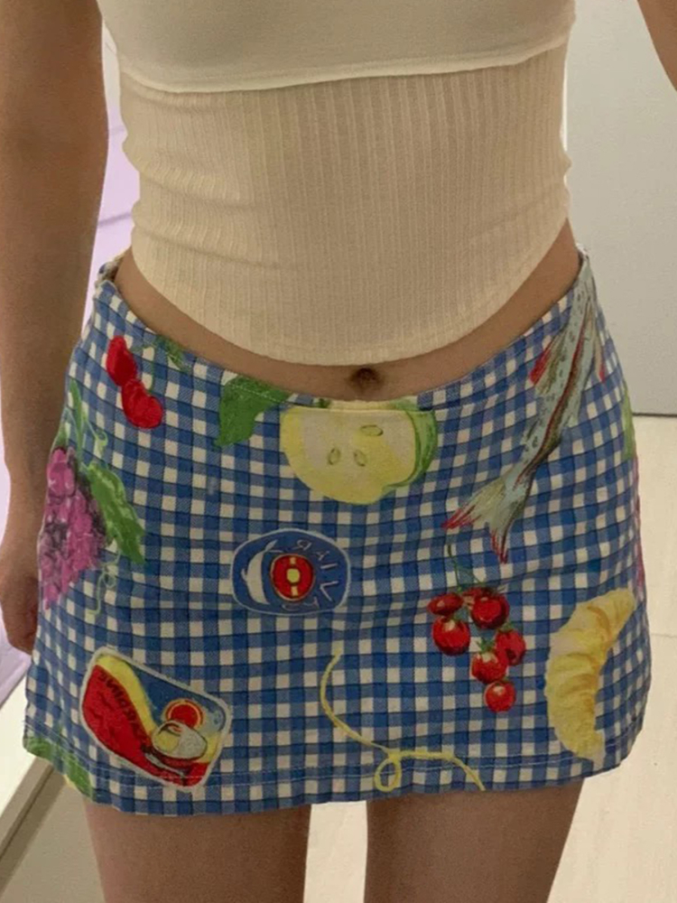 Women's Summer Fun Fruit Picnic Plaid Bodycon Mini Skirt - Low Waist Dopamine Girl Style for Trendy Vibes Women's Summer Fun Fruit Picnic Plaid Bodycon Mini Skirt - Low Waist Dopamine Girl Style for Trendy Vibes