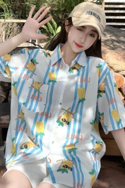 Women's Summer Loose Striped Floral Short Sleeve Shirt - Hawaiian Beach Style, Unique Print Top for Casual Wear