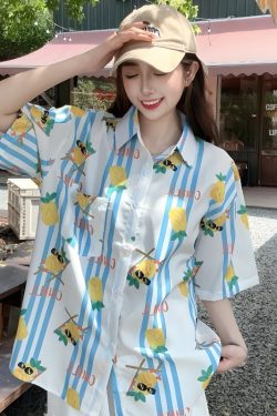 Women's Summer Loose Striped Floral Short Sleeve Shirt - Hawaiian Beach Style, Unique Print Top for Casual Wear