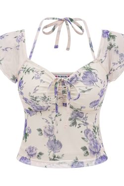 Women’s Summer Slim Fit Printed Mesh V-neck Short Sleeve T-shirt - European American Style, Casual Waist-Hanging Top