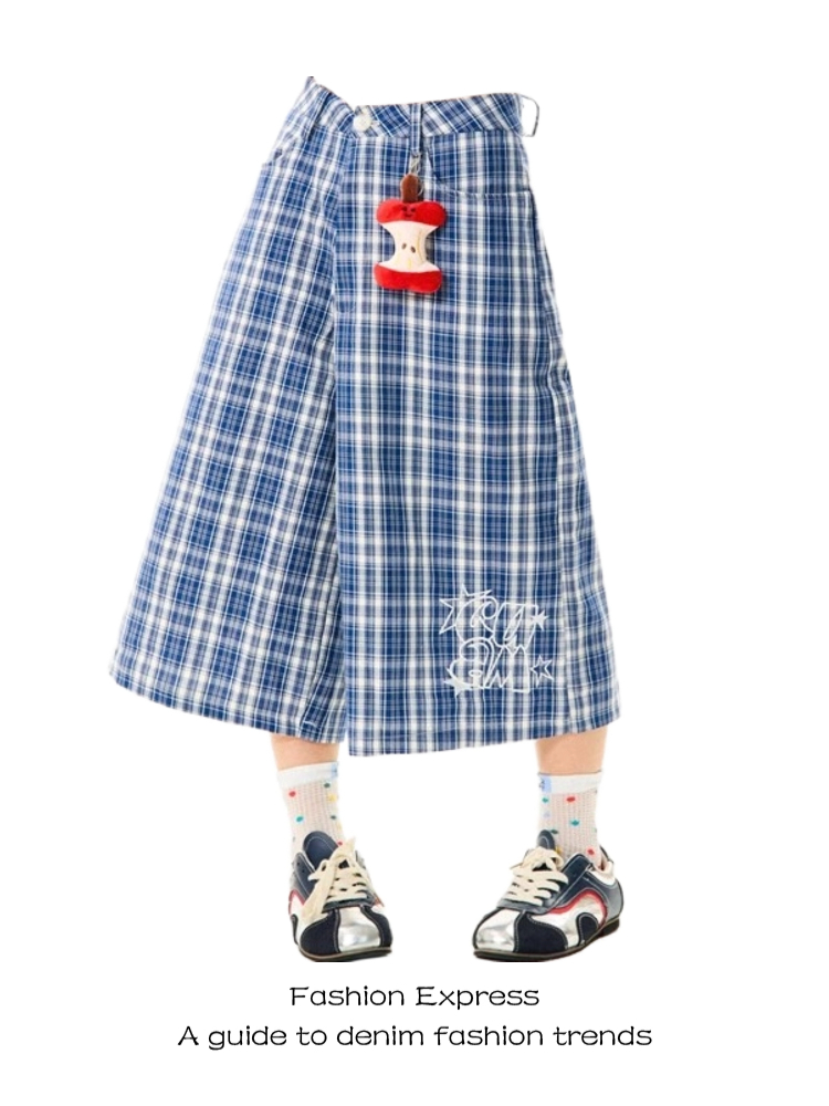 Women's Summer Wide-Leg Shorts - Japanese Retro Plaid Embroidered Loose Straight Fit Casual Seven-Point Pants Women's Summer Wide-Leg Shorts - Japanese Retro Plaid Embroidered Loose Straight Fit Casual Seven-Point Pants